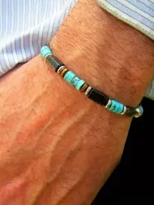 Vintage Style Handmade Agate Imitation Turquoise Black Onyx Beaded Elastic Bracelet, Fashionable Unisex Casual Jewelry for All Seasons