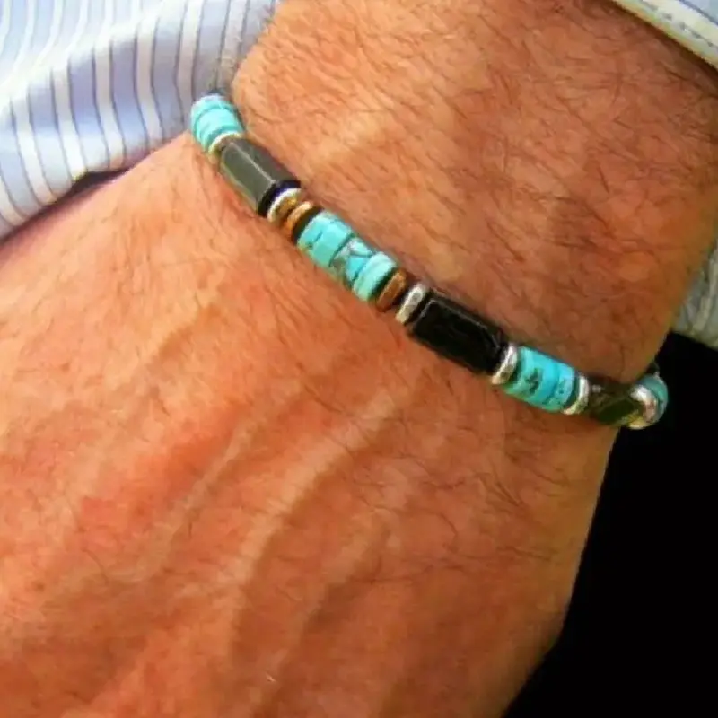 Vintage Style Handmade Agate Imitation Turquoise Black Onyx Beaded Elastic Bracelet, Fashionable Unisex Casual Jewelry for All Seasons, High Quality Exquisite Bracelet