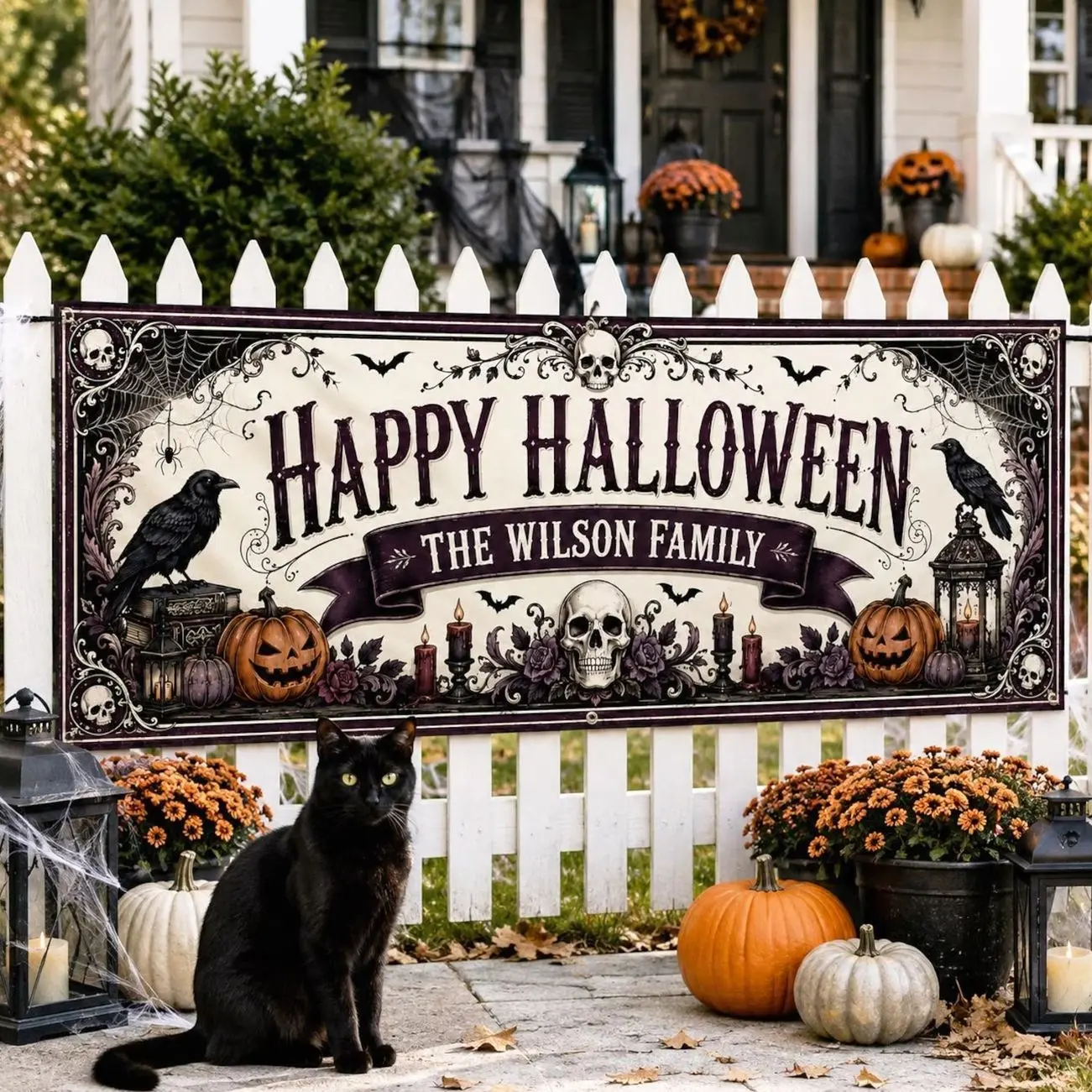 Personalized Halloween Family Banner, Custom Name Gothic Fence Sign, Raven Skull Pumpkin Outdoor Porch Yard Decor for Fall Display