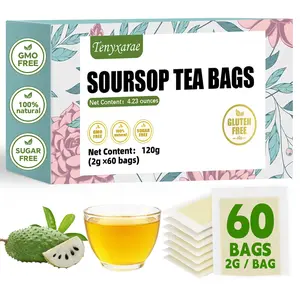 Organic Soursop Tea Bags, 60 Teabags, 2g/Bag, Made with 100% Natural Soursop Leaves. Helps with Digestion and Improve Sleep | Caffeine-Free | Sugar-Free | Gluten-Free | Vegan. Individually Packaged in Eco-Friendly Bags