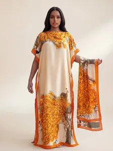 Women's Fashionable Peacock Pattern Robe Set, Hooded Shawl Dress + Long Headscarf Hairband, Beach Sun Protection Satin Scarf