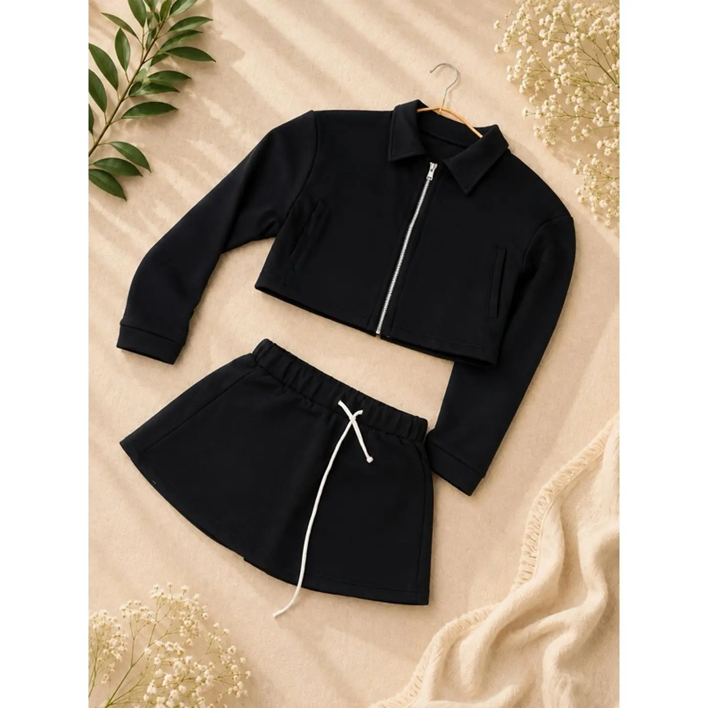 Black Sportswear Set for Women - 2-Piece Jacket & Skort - Comfortable Modern Design - Perfect for Training, Walking, or Casual Wear - Sizes S & M