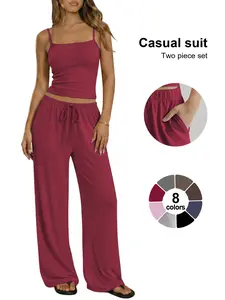 Women's 2 Piece Lounge Set, Spring, Camisole Top & Wide Leg Pants, Sexy Fitted Style, Plain Pattern, Perfect for Spring & Fall