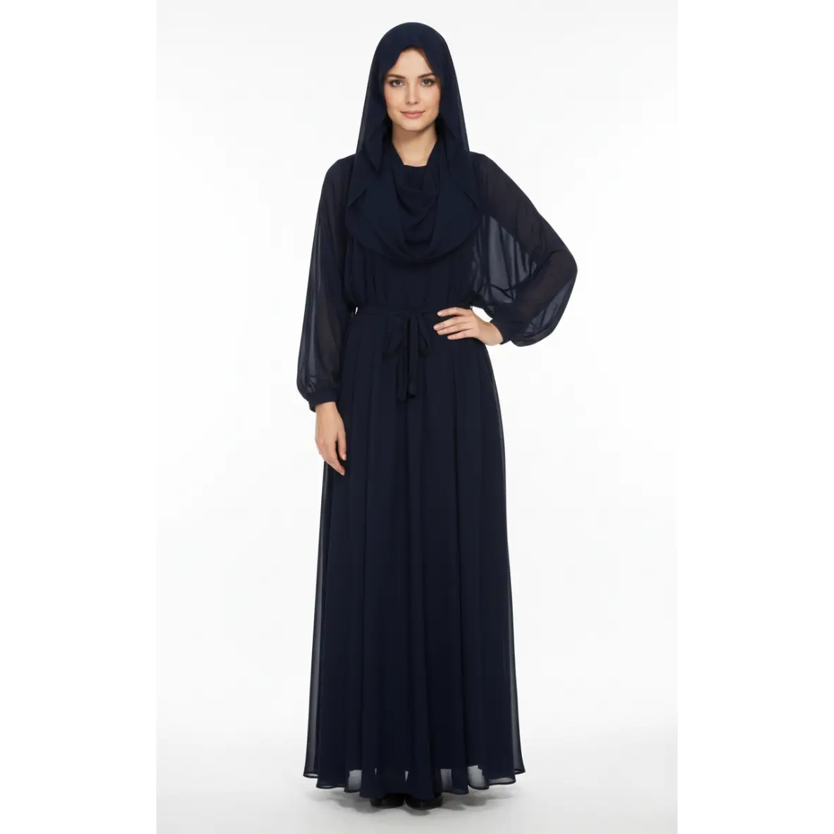 Women's Front-Plated Female Abaya with Veil and Scarf