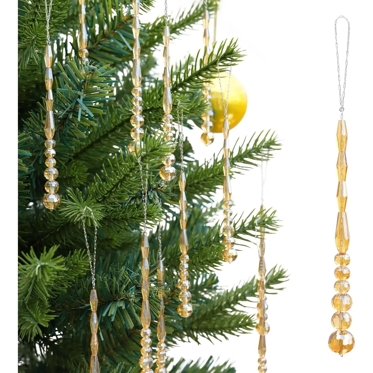 Gold 12pcs Crystal Icicle Christmas Tree Ornaments with Stainless Steel Chain - Glass Beads Hanging Decor, Light-Enhancing Pendants for Christmas Party, Wedding, Gift Box & Vase Accents