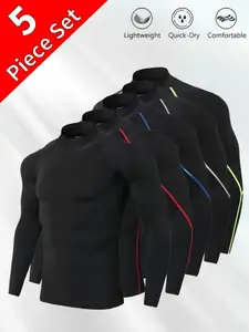 Men's 5-Piece Athletic Top Set High-Neck Striped Design High-Stretch Slim Fit Lightweight Breathable Moisture-Wicking Ideal for Summer Casual Long-Sleeve T-Shirts - Tshirt, Menswear Quick-Dry