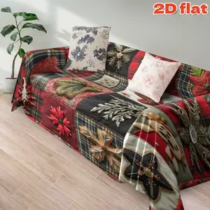 2D flat 1Pc Vintage Red Plaid Holiday Throw Blanket with Pine Trees Pattern - Cozy Winter Sofa Cover, Machine Washable, Pet-Friendly, Decorative for Living Room Bedroom Couch Perfect Christmas Season Home Decor