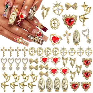 Bow & Heart & Cross Shaped Mary Design Nail Art Charms, 40pcs/set Y2K Style Nail Art Decoration, DIY Nail Art Decor Accessories for Women & Girls DIY Nail Kit