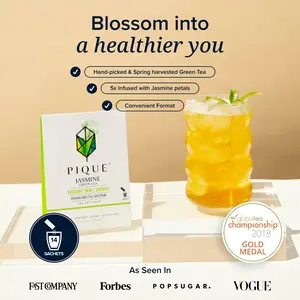 Pique Life Jasmine Green Tea USDA Organic Bioavailable Full Spectrum 5x Infused with Fresh Jasmine for Radiant Skin Calm Energy Immune Support 14 Servings per Carton