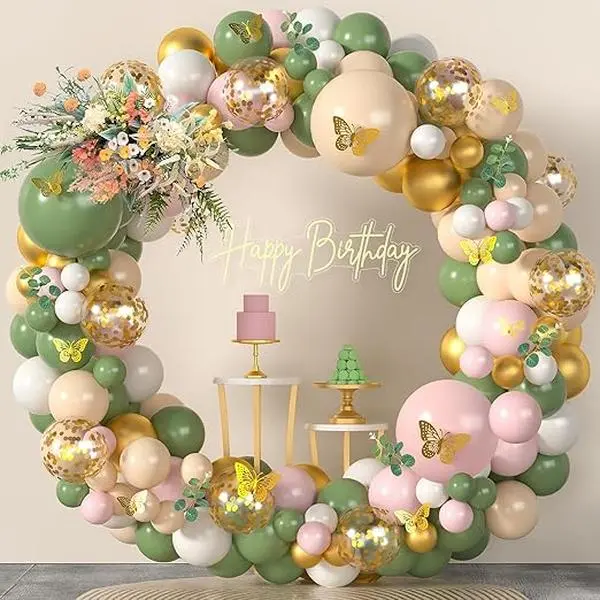 Sage Green Pink Balloon Arch Kit 153Pcs Light Pink Olive Green Blush White Gold Latex Confetti Balloons Garland Artificial Eucalyptus 3D Butterfly for Baby Shower Birthday Party Decorations