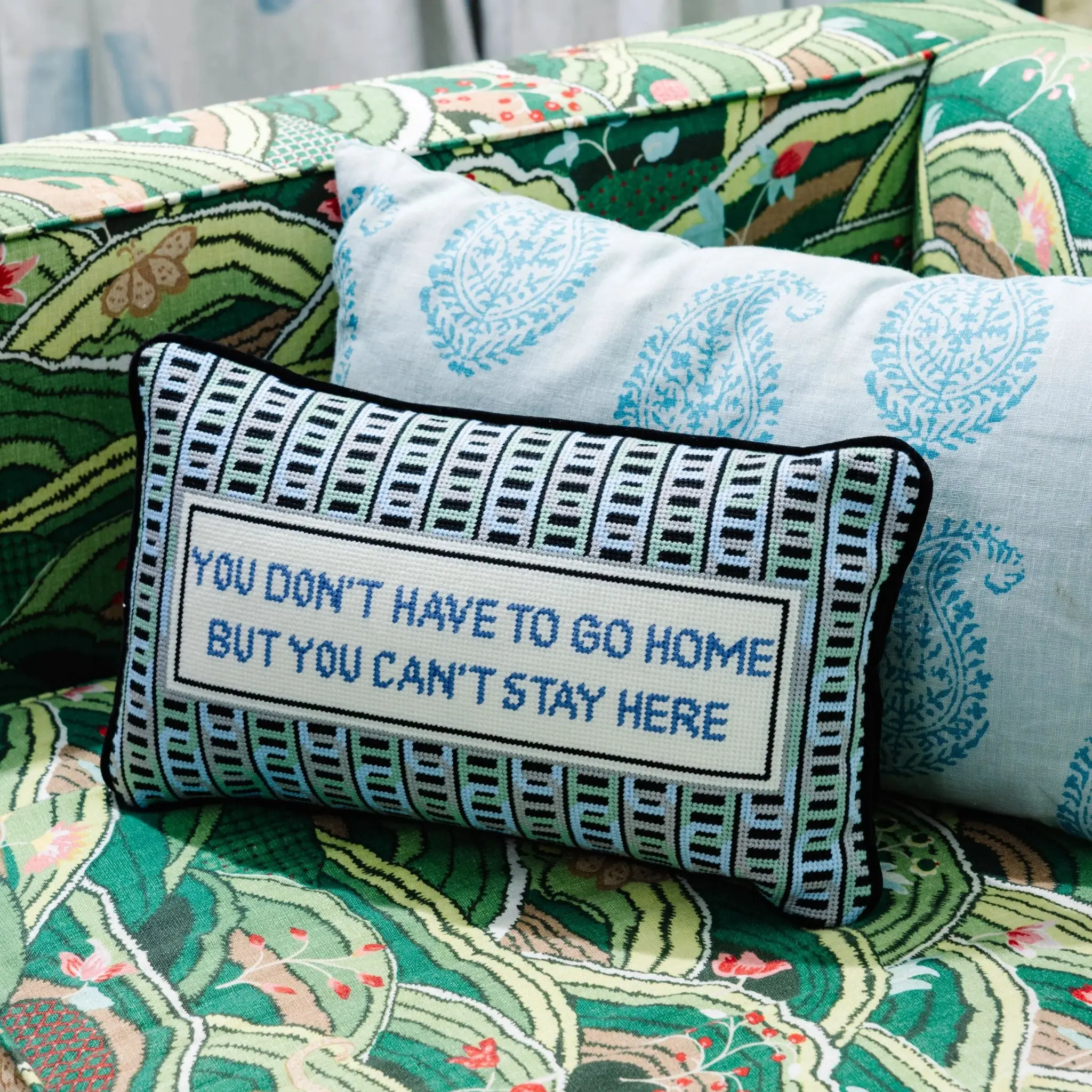 "Can't Stay Here" Velvet Embroidery Needlepoint Pillow with Cheeky Quote, Playful Print - Home Décor Accent for Standard Pillow Use