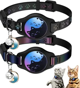 Cat Collar with Airtag Holder, 2 Pack Waterproof Breakaway Kitten Collar for Apple Airtag GPS Tracker, Adjustable Cat Collar with Buckle, Bell & Reflective Pattern for Cats, Kittens, Black (8-11")