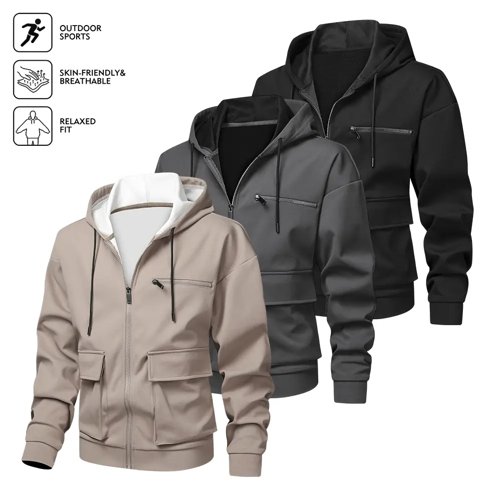 Versatile Men Zip‑Up Hooded Sweatshirt, Soft Breathable Fabric, Relaxed Loose Fit, Drawstring Hood, Full Zip Style, Multi Cargo Pockets, Comfort Long Sleeve Outerwear For Casual Daily Wear And Multiple Street Occasions