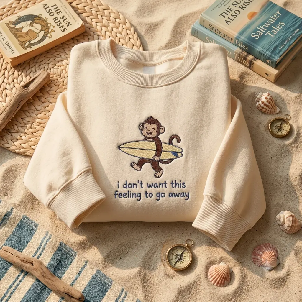 EMBROIDERED I Don't Want This Feeling To Go Away Sweatshirt, Summer Beach Shirt, Surfer Monkey, Animal Lover Gifts