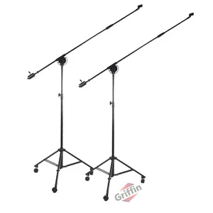 2 PACK - Professional Studio Microphone Boom Stand with Wheels by GRIFFIN | Extended Reach Height Mic Holder for Recording & Stages | Tall Telescoping Arm Mount & Retractable Tripod Legs on Casters