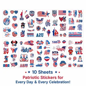 GLAD & HANDY  10 Sheets 4th of July Temporary Tattoos for Women Adults, Patriotic Metallic Silver USA Flag Face Body Tattoo Stickers, Waterproof Independence Day Party Accessories