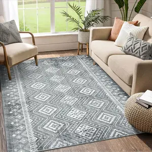 【GARVEE】9x12 Area Rug Washable Living Room Throw Rugs Tribal Moroccan Accent Rugs Boho Geometric Area Rug for Bedroom Non Slip Rugs Office Rug Neutral Nursery Rug Farmhouse Floor Cover Dark Grey