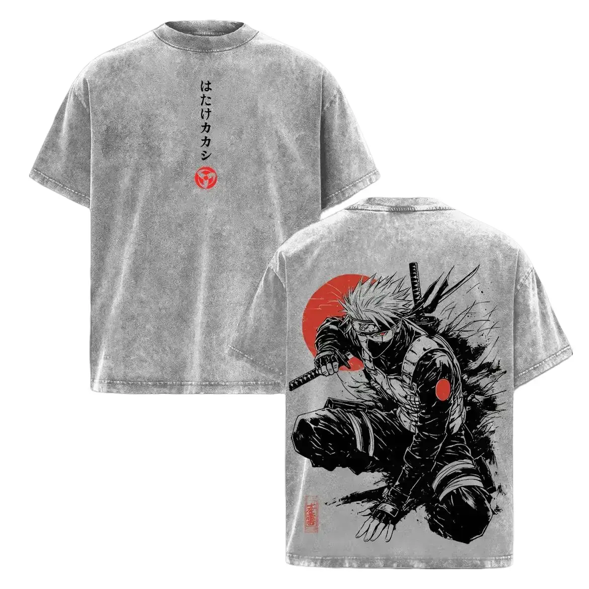 [KM 100%cotton]Kakashi Hatake T-Shirt S-3XL, Naruto Anime Vintage Washed Tee, Sharingan Ninja Graphic Shirt Retro Double-Sided Water Wash T-Shirt, Oversized Japanese Streetwear, Dark Aesthetic Manga Top,  Casual Anime  Perfect Summer Gift funny Menswear D