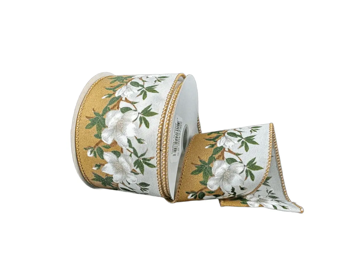 2.5" x 10yd Tan Ponché Satin Ribbon with Dual Magnolia Design: