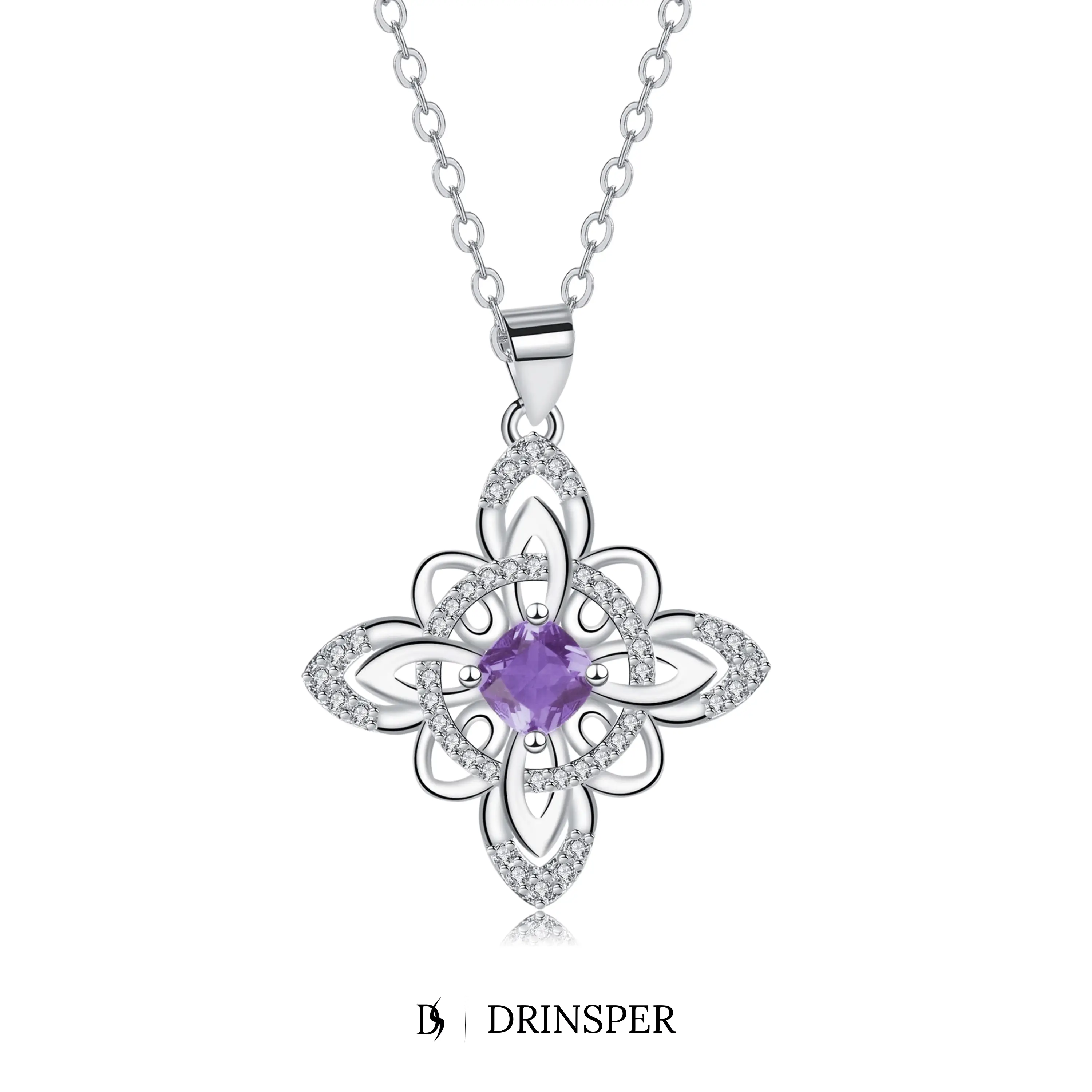 DRINSPER Hecate Celtic Knot Necklace for Women, Gothic Silver-Plated Pendant with Amethyst-Color CZ, Hypoallergenic Witchy Jewelry, 18+2" Adjustable Chain, Colored Necklaces