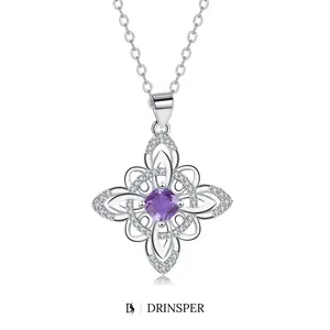 DRINSPER Hecate Witchy Style Celtic Knot Pendant Necklace for Women & Pagan Fans, Silver Plated Copper Jewelry with Artificial Amethyst-Color Cubic Zirconia, 18+2 in Cable Chain, Hypoallergenic Waterproof Gift for Goth, Wiccan, Occult Lovers