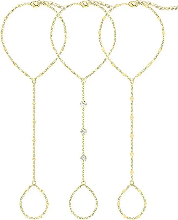 3PCS 14K Gold-Plated Hand Chain Bracelets for Women, Stack Bracelets Set Adjustable, Trendy Dainty Ring Bracelet Hand Chain