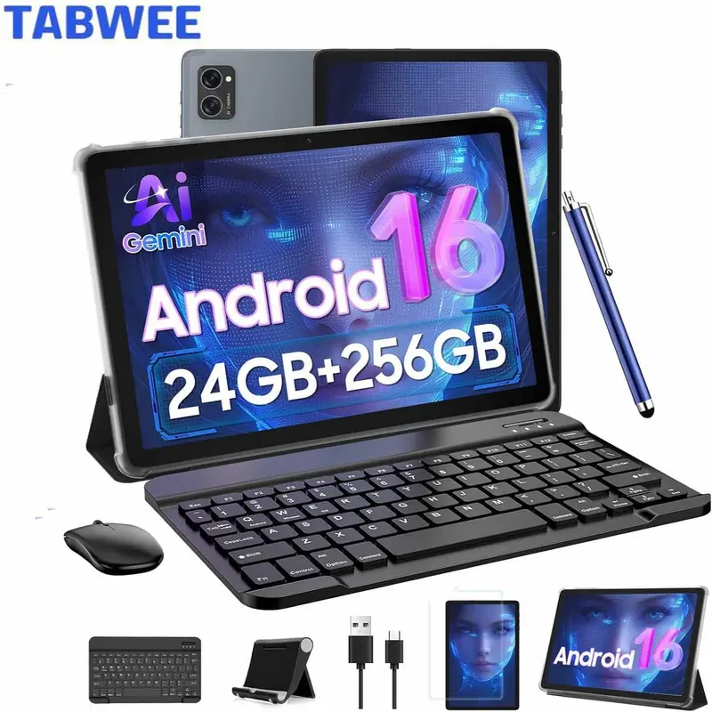 10.1-Inch Incell Screen Unisoc T606 Octa-Core Android 16 Tablet Bundle, 24GB+256GB(2TB TF) 8-in-1 Kit with Wireless Keyboard, Mouse, Stylus, Gemini AI, 8MP Camera, 5000mAh, Widevine L1, GPS, 2-Year Warr., 32h Music Play for Study, Travelers
