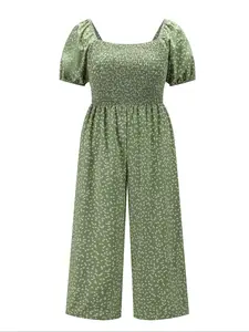 【Plus Size】 All Over Print Shirred Wide Leg Jumpsuit, Casual Short Sleeve Jumpsuit for Summer, Women's Plus Clothing for Daily Wear