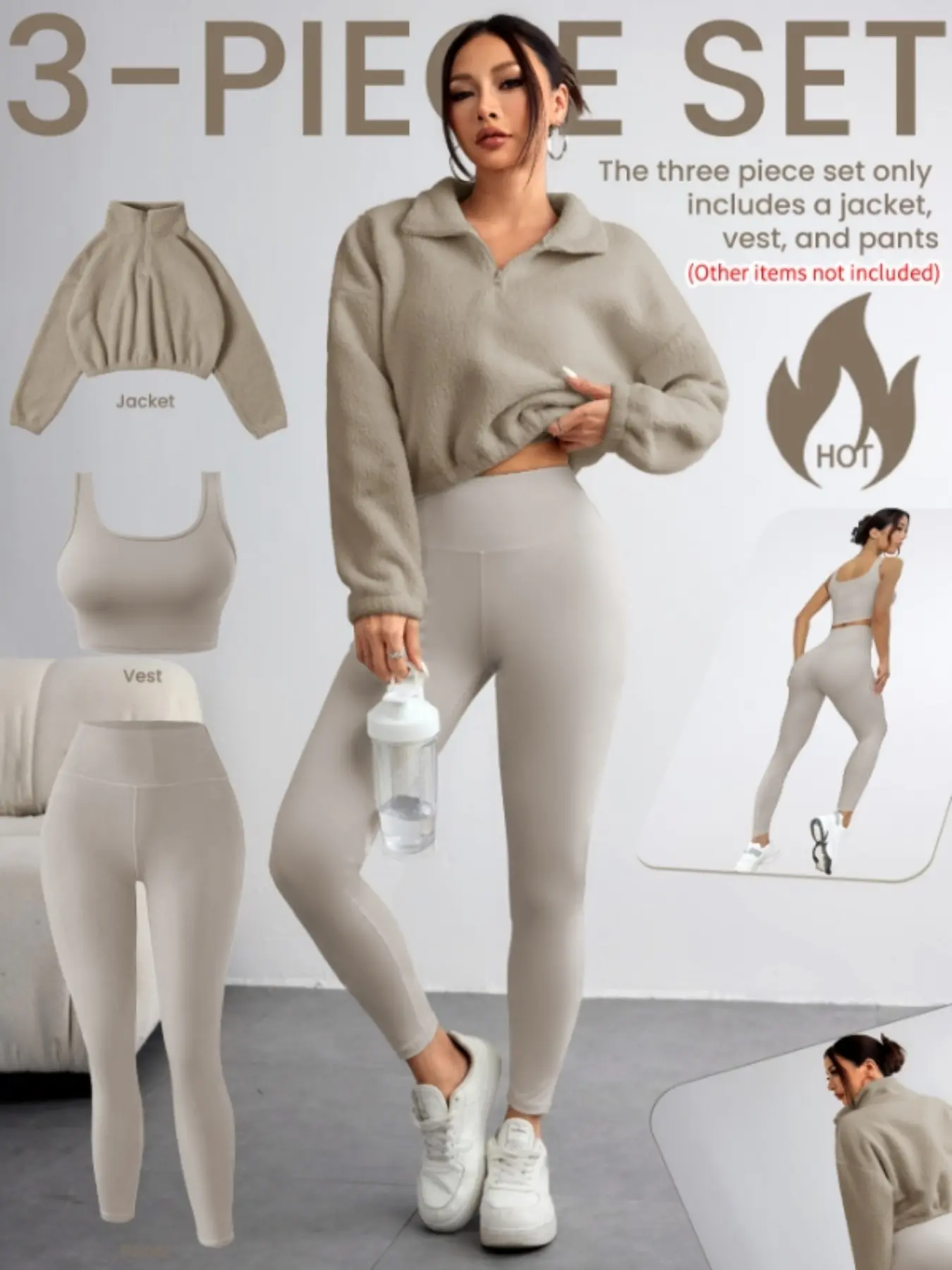 Women's Solid Zip Up Crop Pullover & Tank Top & Legging Three-piece Set, Casual Sporty Outfits for Yoga Gym Workout Running, Women's Sportswear for Fall & Winter, Fitness Sportswear Set, Workout Sets Women