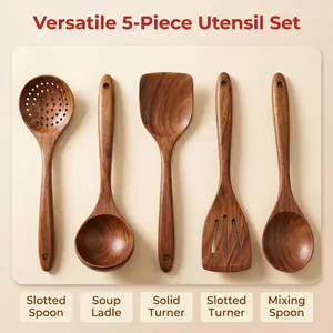 Wooden Kitchen Utensils Set, 5 Pieces Non-Stick Heat Resistant Cooking Utensils, Natural Teak Wood Cooking Spoon Spatula Ladle Set For Kitchen Cookware