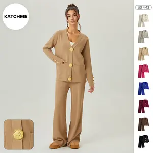 KatchMe Women's Versatile V-Neck Gold-Toned Button Side Pocket Cardigan & High Waist Wide Leg Trousers Co-ord, Elegant Loose Two Piece Outfits, Cozy Womenswear