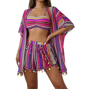 4 Pieces High Waisted Bikini Shorts 2025 Women With Kimono Beach Wear Striped Print Swimsuit Sexy Swimwear Female Bathing Suits