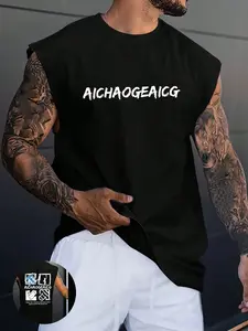 Men's Casual Sleeveless Fitted Knit Vest with Arrow & Letter Print, Summer Fashion Tank Top, Comfortable Daily Wear, Stylish Men's Clothing