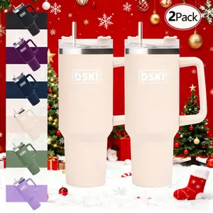 2 sets of 40 ounce vacuum cups, vacuum insulated coffee cups with straws, lids, and handles, travel cups, gifts for women and men, Christmas gifts, suitable for milk, coffee, and tea (khaki)