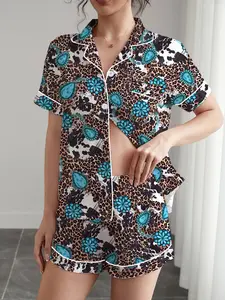 Women's Western Cowboy Leopard Print Pyjama Set, Short Sleeve Button-Up Top and Elastic Shorts, Casual Home Wear for All Seasons