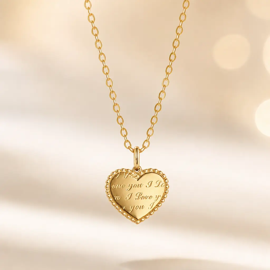 14K Gold-Plated 925 Sterling Silver Engraved Heart Pendant Necklace, Vintage-Inspired Love Letter Charm, Meaningful Gift for Women
