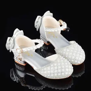 Glitter Princess Shoes, Round Toe Block Heel, Non-Slip Faux Leather Insole & Sole, All-Season Party Wedding Performance Birthday Dress Shoes with Geometric Bow Embellishment, 14 and Under