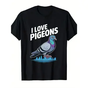 Men's pigeon lover and cityscape Graphic T-Shirt - Short Sleeve Crew Neck Regular Fit Casual Wear | Soft & Breathable Fabric, Durable Print, Everyday Comfort, Machine Washable, urban fashion with graphic design urban environment with a pigeon standing on