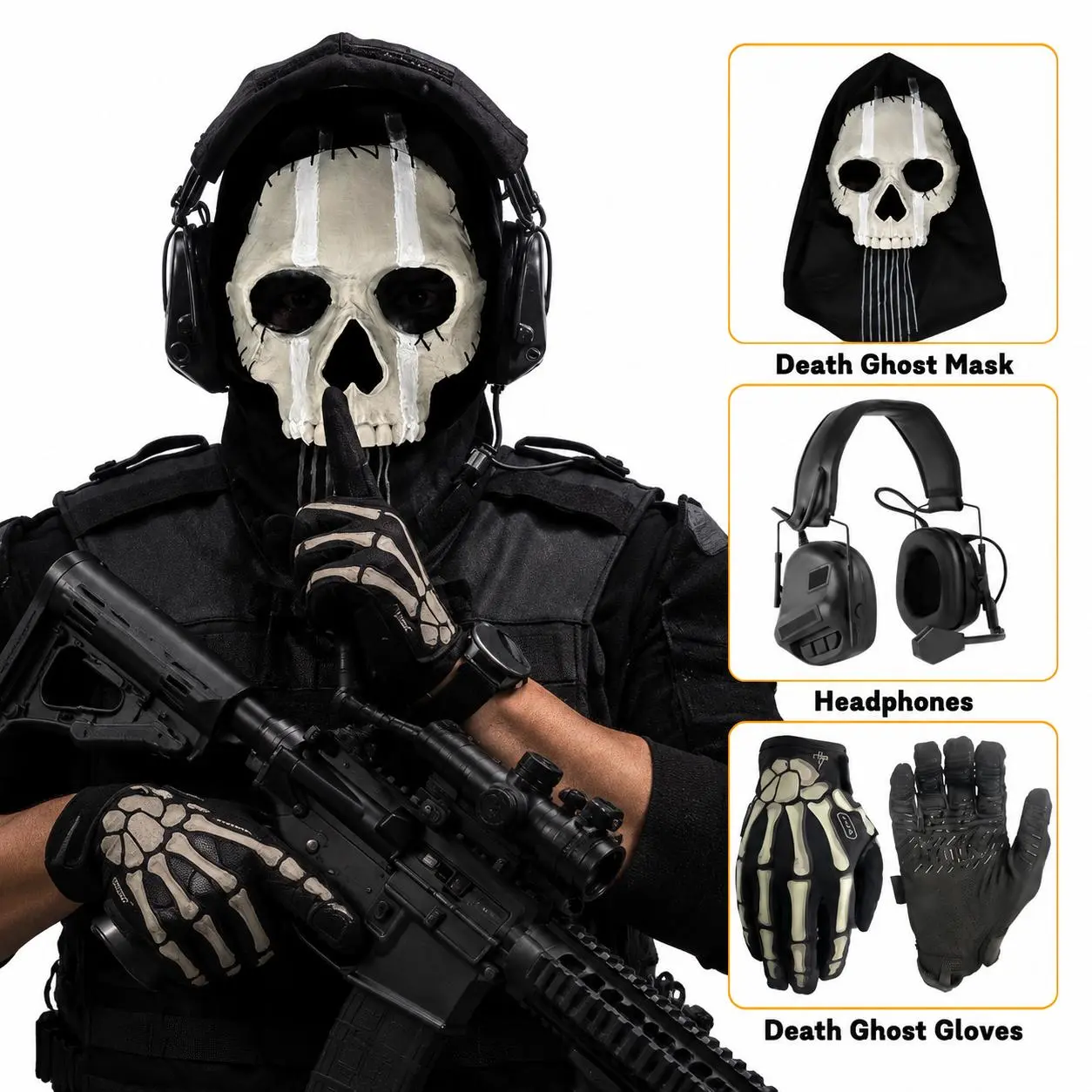 COD Ghost V2 Tactical Skull Full Face Shield Mask Set for Adults, Sporty Unisex Fashion Protective Gear with Headset, Gloves for Airsoft Cosplay, Face Shield Mask Protective Gear, Sporty Protective Gear