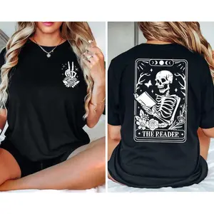 The Reader Tarot Card Front And Back Printing  T-shirt, Skeleton Reading T-shirt, Book Lover Gift For Women, Book Lover Tee, Tarot Card T-shirt