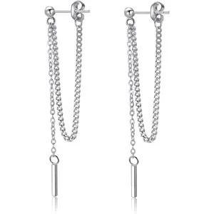 Minimalist Solid 925 Sterling Silver Bar Dangle Threader Earrings for Women