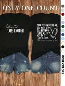 Women's Slogan Graphic Round Neck Tee, Fashion Casual Heart Print Crew Neck T-Shirt for Daily Holiday Vacation Outdoor Wear, Ladies Clothes for All Seasons