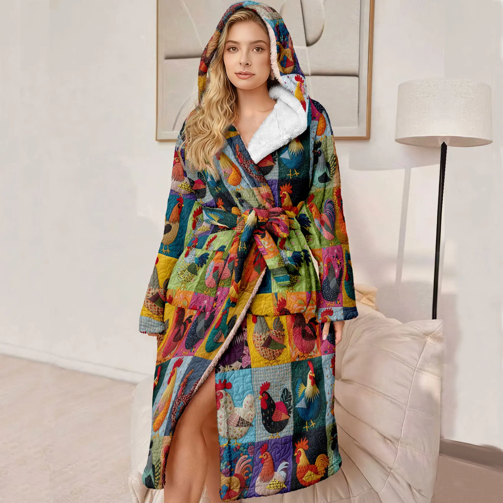 Women's Hooded Bathrobe, Soft Plush Robe with Rooster Pattern, Cozy Fleece Sleepwear for Women, Perfect Gift for Mother and Wife