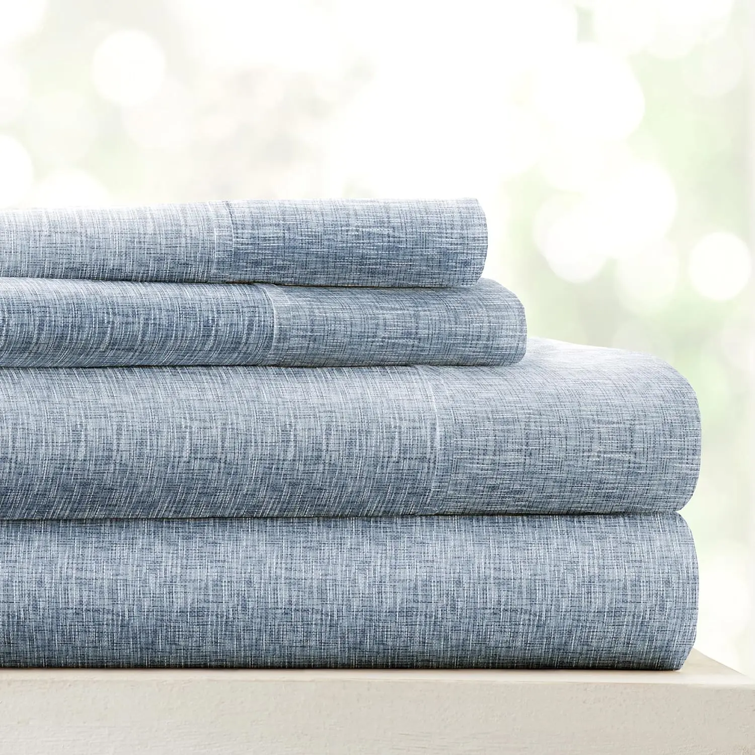 3-Piece Twin Size Chambray Bedding Sheet Set - Light Blue Patterned Satin Weave, Ultra-Cooling Wrinkle-Resistant, Durable All-Seasons Deep Pocket Fit for 16" Mattresses (Brush Twice Feature Included)