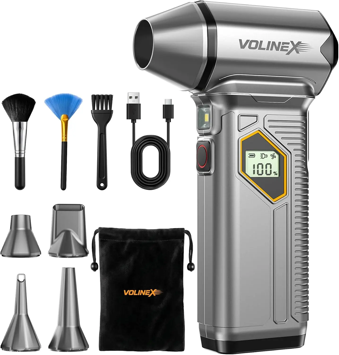 VX-101 Pro Max Compressed Air Duster for PC, Car Cleaning | 150000RPM Brushless Motor, Turbo, 8000mAh Rechargeable, 10-Speed Adjustable, Cordless, LED Light, LCD Screen, Mini Portable