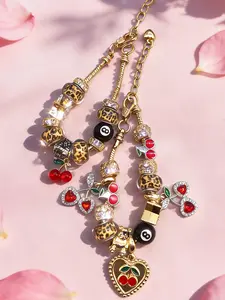 Sexy Leopard Print Rhinestone Cherry Pendant Bracelet, Star Heart Leopard Bear Eight Charms, Women's Daily Jewelry Gift