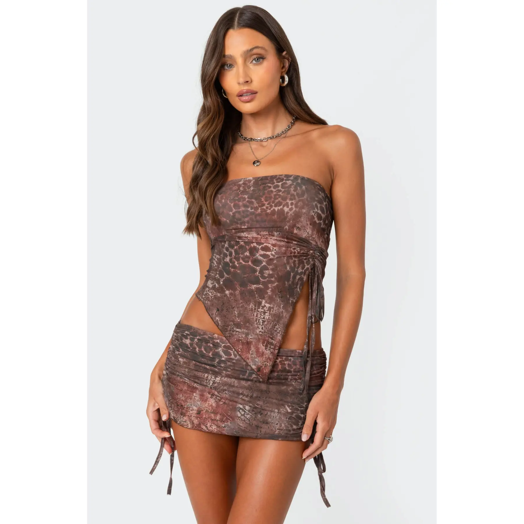 Leopard printed asymmetric mesh tube top Leopard printed asymmetric mesh tube top