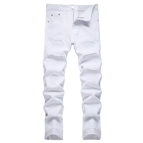 JUNBAOSS Men's Slim Fit Stretch Jeans Patch Ripped Jeans for Men, Distressed Straight Leg Casual Fashion Comfort Flex Skinny Waist Denim Pants, Menswear Classic Soft Streetwear Cotton Fabric Trouser Natural Hipster Personalized Stylish Jeans with Pockets