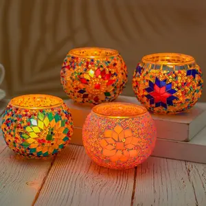 Turkish Mosaic Glass Tea Light Candle Holder Set - Vibrant Floral & Geometric Designs, Polished Metal Wick Fixers for DIY Scented Candles, Beautiful Ornaments & Tabletop Decor, Perfect for Home Decoration, Gift Ideas, Decoration Items & Home Accessories