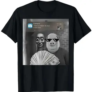 Viral Camera Motion Front Door Notification Funny Meme Cotton T-shirt Pig Sunglasses Money Rich Distorted Reality Gag Gift Birthday Present Internet Culture Quirky Humor Unique Apparel